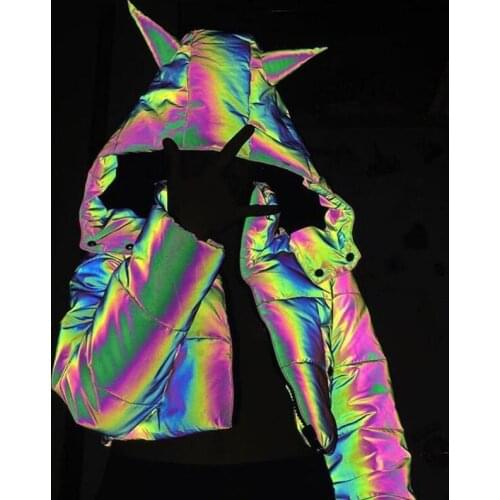 New 2021 Winter Womens Sportwear Coats Rainbow Reflective Jackets Women Warm Coat Girl Crop Jacket Hooded Outerwear Short Top