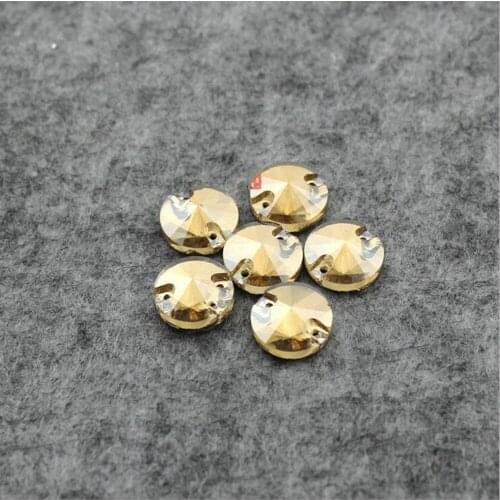 Champagne 8-14mm Round Shape Two Holes Glass Sew On Stone Clothes Shoes Decoration
