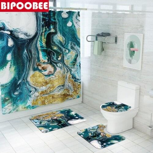 Nordic Abstract Emerald Stone Grain Pattern Shower Curtains Bathroom Curtain Durable Non-slip Carpet Toilet Cover Bath Mats