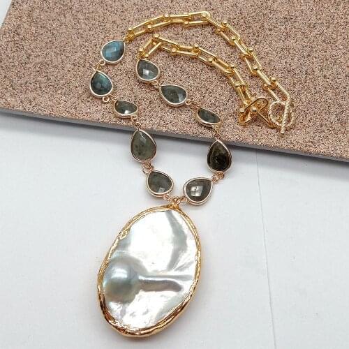 YYGEM natural 18" Big Oval Mabe Pearl Pendant Teardrop Labradorite gold Filled Chain Necklace necklace for women