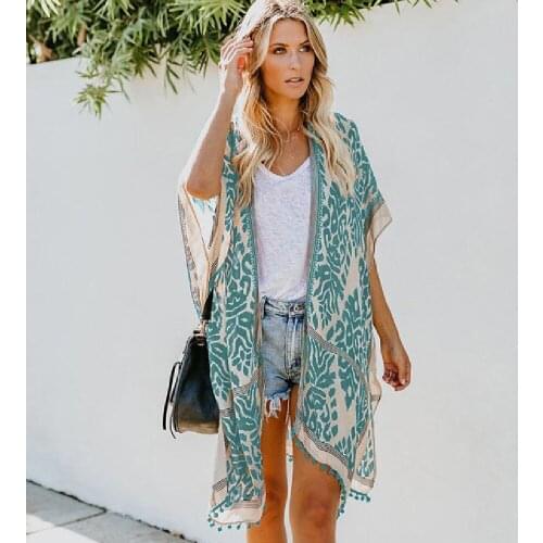 2021 Bohemian Print Womens Printed Breezy Kimono Sleeve Cardigan Casual Boho Open Front Cover Up Blouse Tops