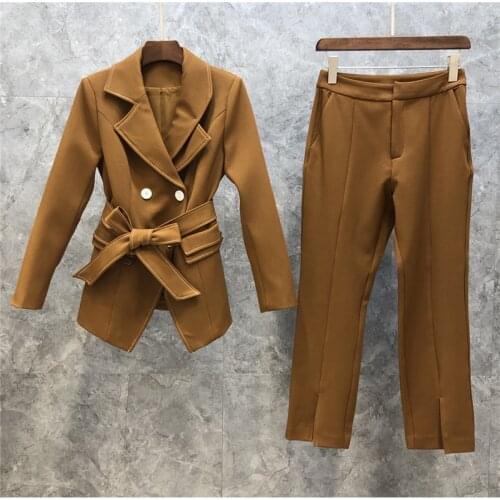 High Quality Blazer Sets 2021 Autumn Winter Suits Women Notched Collar Belted Blazer Coats+Skinny Pants & Capris Sets Two Piece
