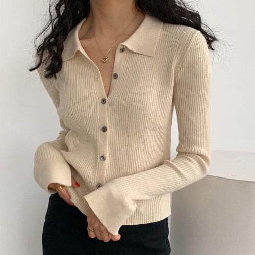 Vintage Polo Collar Slim Cardigans For Women Spring Autumn Lady Streetwear Office Wear Solid Color Long Sleeve Sweater Outwear
