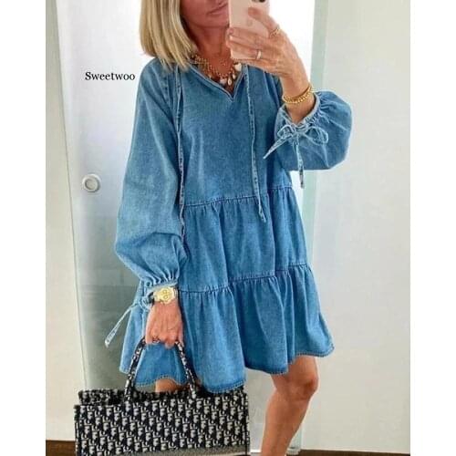 Autumn Summer Denim Dress 2020 Fashion Long Sleeve Loose Short Mini Dresses V-Neck Casual Lace Up Shirt Dress Vestido De