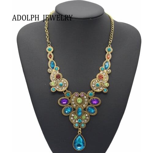 ADOLPH Jewelry New Choker Fashion Necklaces For Women 2015 Luxury Color Stone Bohemia Water Drop Pendant Statement Necklace