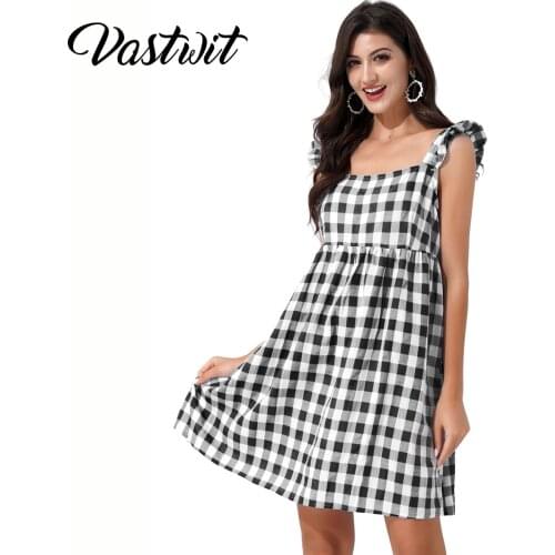 Women’s Casual Plaid Sleeveless Ruffle Sundress Round Neck A-Line Pleated Mini Short T Shirt Dress
