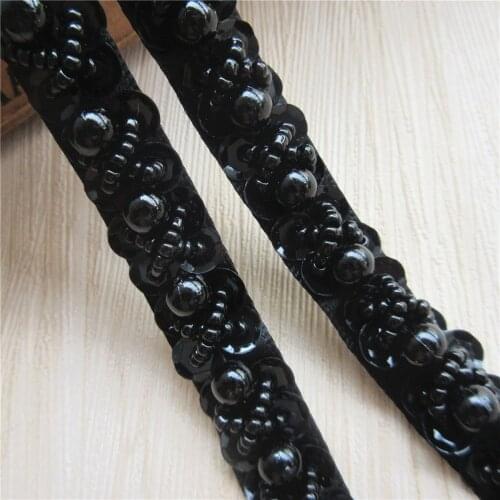 1yard Black Vintage Pearl Beaded Sequin Crocheted Lace Trim Ribbon Fabric Handmade Sewing Craft For Costume Decoration 13mm wide