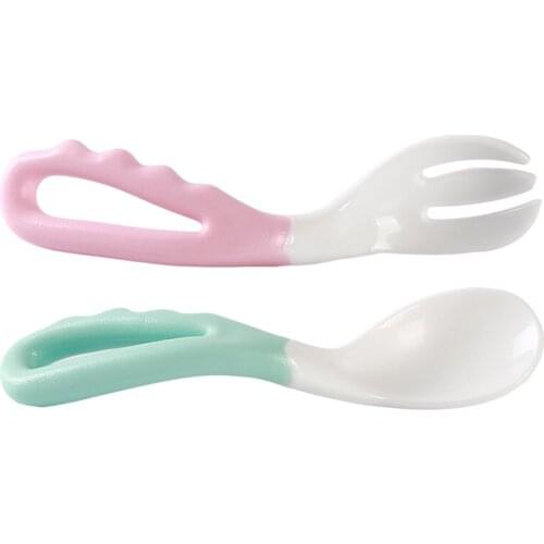 2pcs/set Baby Pacifier Feeding Spoon Fork Curved Anti Slip Handle Children Eating Training Tableware Accessory Patchwork
