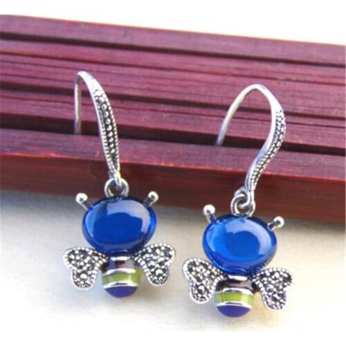 BESTLYBUY New arrival 925 Sterling Silver Bee Earrings Retro Thai silver Garnet Earrings Blue Corundum Ear Hanging