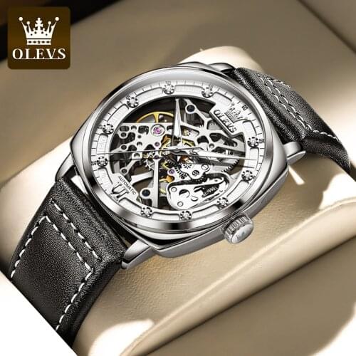 OLEVS High Quality Mechanical Watch Mens Leather Hollow Tourbillon Automatic Watch Sports Waterproof Luminous Classic Watch