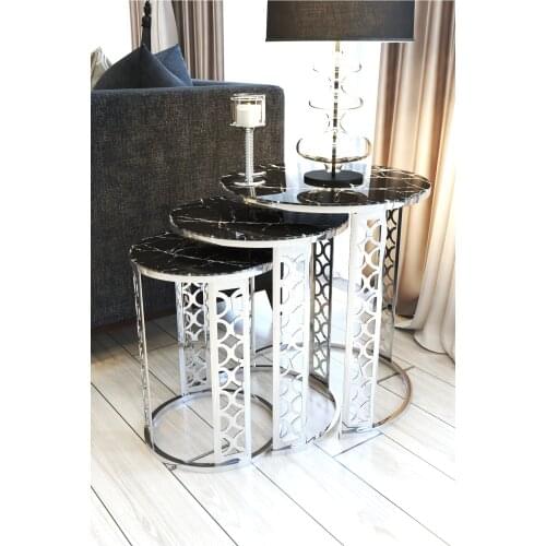 Black Marble Pattern Lux Laser Detailed Silver Zigon Coffee Table Pad wohnzimmertisch طاولة غرفة معيشة столик из стекла