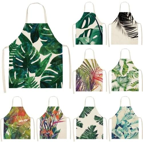 Green Leaf Pattern Cleaning Art Aprons Home Cooking Kitchen Apron Cook Wear Cotton Linen Adult Apron Kitchen Aprons Woman Men