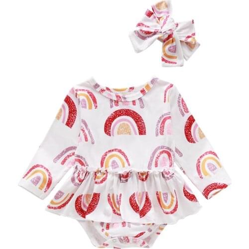Infant Baby Girl’s Fashion Rainbow Orange Print Jumpsuits Summer Long-sleeved Triangle Wrapped Romper and Headband 0-18M