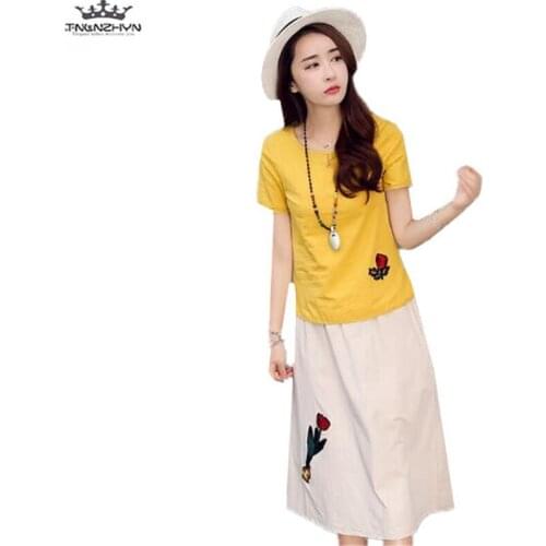 Tnlnzhyn 2019 New Summer Skirts Suit 2 Pieces Sets Women Short Sleeve T-shirt +Midi Skirts Casual ladies Linen Dress Sets Y991