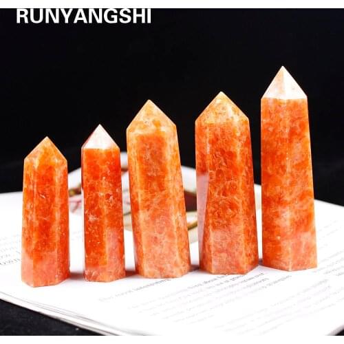 1pc Natural Sunstone Crystal Point Healing Stone Quartz Tower Orange Wand Ornament for Home Decor Reiki Energy Pyramid