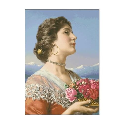 Elegant Lady Holding Flower Clear Picture Top Quality Cross Stitch Kits Crafts 14CT Unprinted Embroidered Handmade Art Set Decor