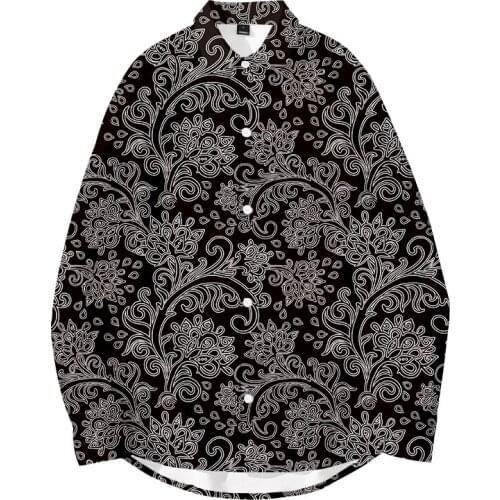LCFA Men Oversized Black And White Luxury Flowers Shirt Man Hip Hop Button Up Long Sleeve Shirt Couple Korean Harajuku Clothing