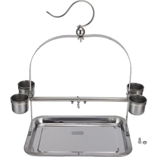 Bird Training Tool Stainless Steel Mini Parrot Stand Cage Stand Small Rack Toy Paw Grinding with 4 Feeder Cup bird training