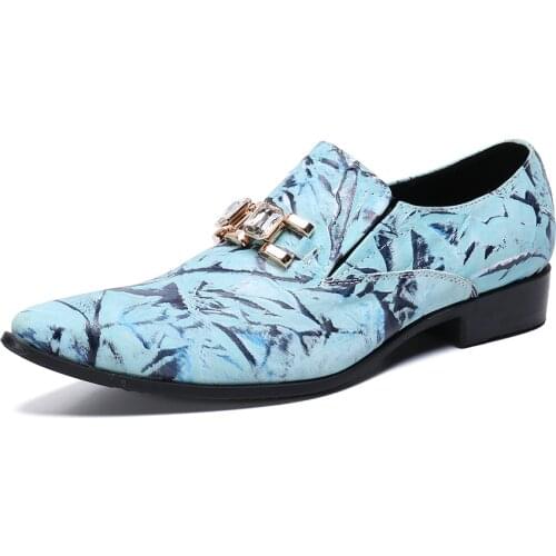 Summer Casual New Mens Classic Fashion Shoes Personality Metal Pointed Toe Cowhide Leather Blue Graffiti Lazy Mens Shoes