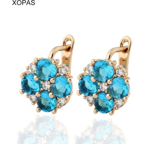 XOPAS Lucky Four Leaf Clover Round Cut Sea Blue CZ Gold Color Small Drop Earrings For Girls Party Jewelry