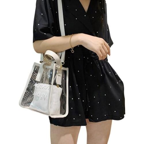 Women 2-in-1 Transparent Jelly Bag Korean Style Letter Printed Removable Strap Shoulder Bags Female Cosmetic Sundries Holders