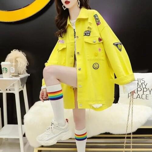 Ripped Single Breasted denim jacket Women Korean style Printing Full sleeve Polo collar Coat Spring Casual big size Loose jacket