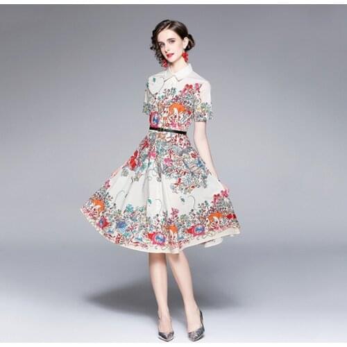 2021 summer fashion casual women Runway Designer Dress turn down Collar Flower Printing Swing Dress