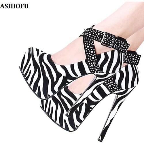 ASHIOFU Handmade Women High Heel Platform Pumps Zebra-style Party Prom Dress Shoes Club Office Fashion Court Shoes
