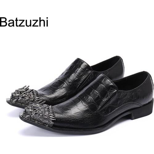 Batzuzhi Fshion Men Dress Shoes Leather Pointed Iron Toe Black Genuine Leather Business Shoes Men Chaussures Hommes, US6-US12