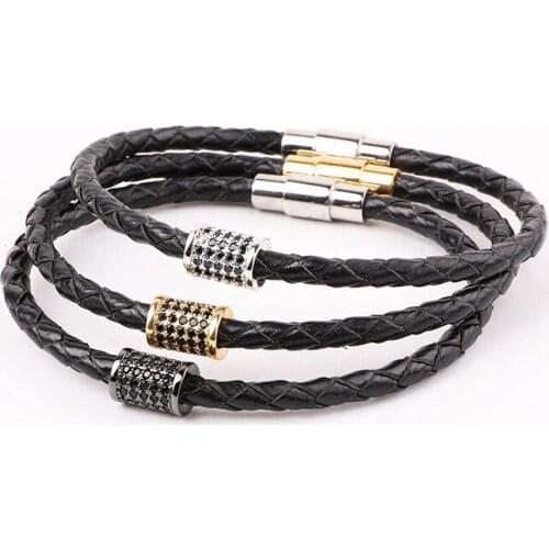 High Quality 316L Stainless Steel Clasp CZ Pave Tube Genuine Leather Bracelet Men Jewelry Gift