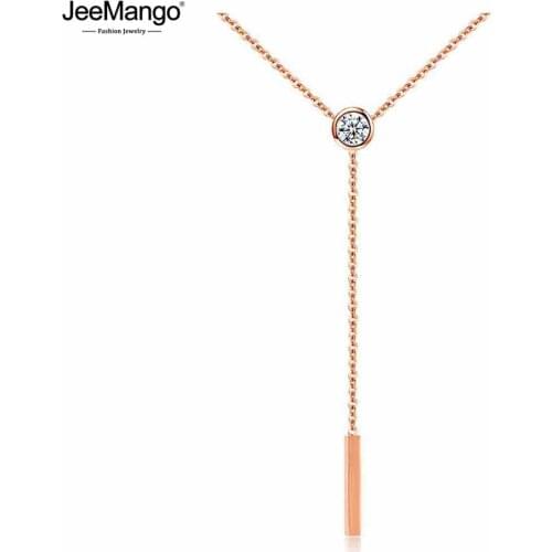 JeeMango Fine Style Creative Tassel Cubic Zirconia Pendant Necklaces Rose Gold Stainless Steel Female Chain Necklace JN17069