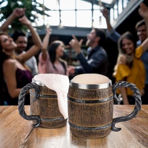 Wood Style Beer Mug 450ml Christmas Gift Simulation Wooden Barrel Beer Cup Double Wall Drinking Mug Metal Insulated Drinking