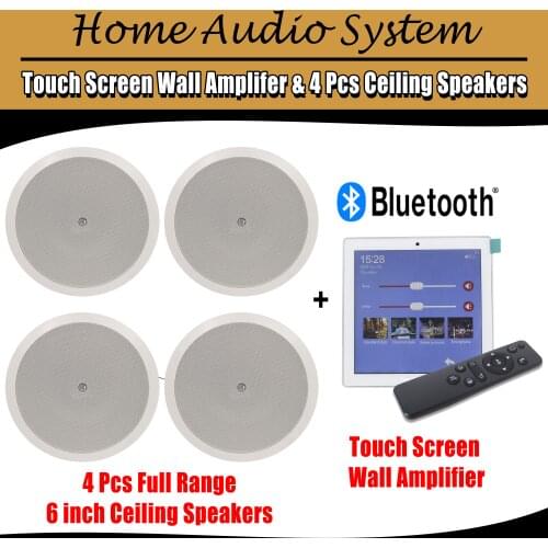 Home Audio 4 channel 25w Bluetooth Touchscreen Mini Wall Amplifier with 4 Pcs 6 inch Ceiling Speakers Support USB/SD/AUX/FM