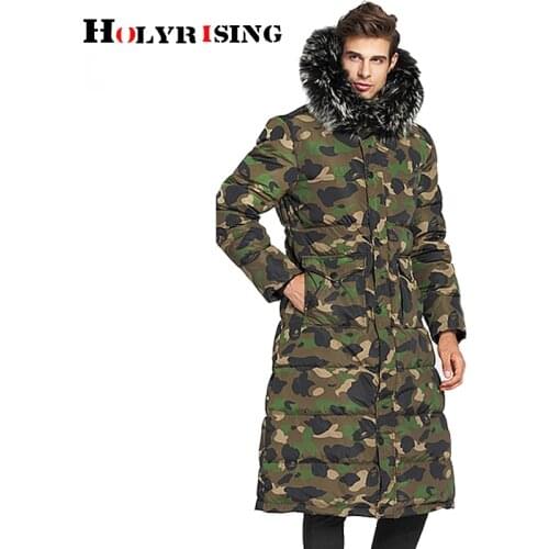 Holyrising Extra long down jacket mens over the knee thick plus size big fur winter men down coat -20C White duck down 18996-5