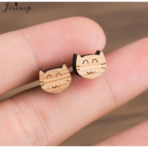 Jisensp Korean Style Lovely Smiling Cat Wooden Earrings Cute Animal Kitty Stud Earrings Fashion Jewelry for Women Kids Best Gift