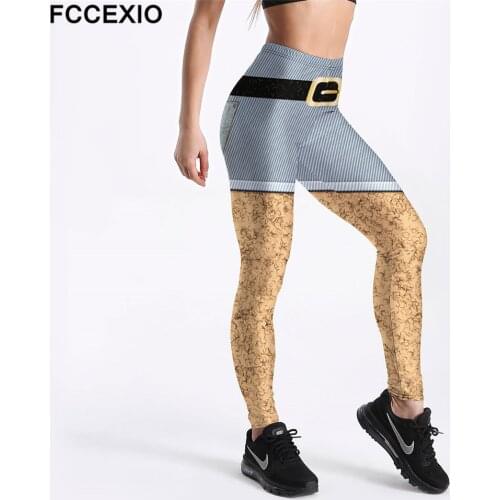 FCCEXIO High Waist Elasticity Print Cowboy Mode Leggings Women joy Sexy GYM Pants Fitness Leggings Workout Slim Skinny Trousers