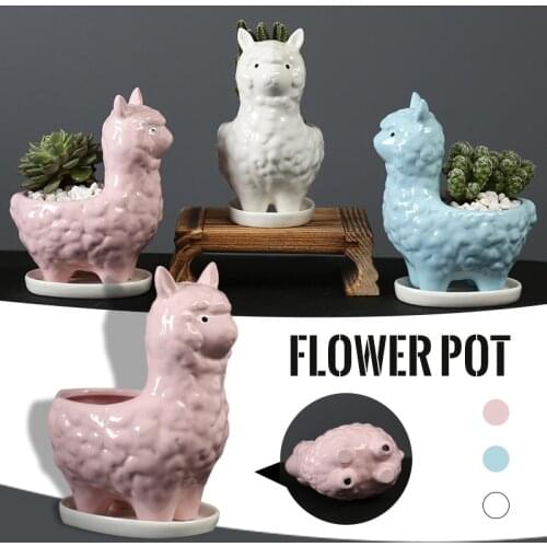 Cute Alpaca Shaped Ceramics Flowerpot Creative Succulent Plants Flowerpot Mini Bonsai Desktop Ornaments Vase Interior Decoration