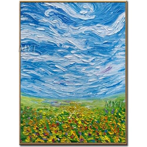 The Sea Of Flowers Under The Blue Sky And White Clouds 100% Handpainted Frameless Wall Art Home Decor Picture Modern On Canvas
