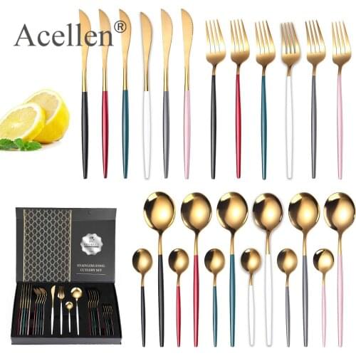 24pcs Gold Dinnerware Set 18/10 Stainless Steel Tableware Set Dishwasher Safe Cutlery Set Gift Box Knife Fork Spoon Flatware Set