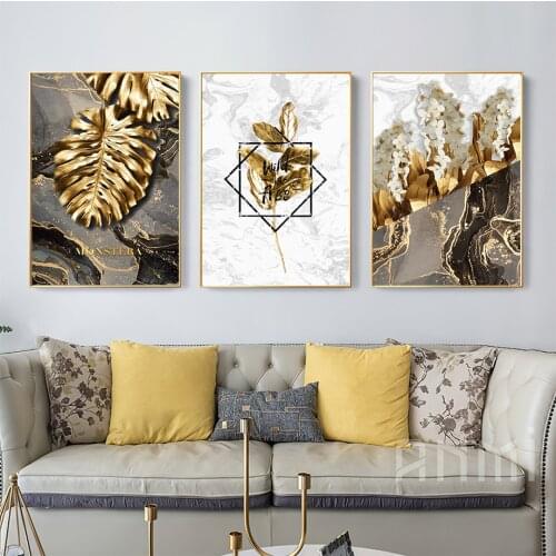 Wall Art Canvas Painting Marble Gold Black Big Monstera Leaf Modern Nordic Posters And Prints Wall Pictures For Living Room Club