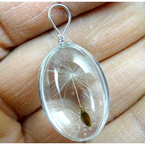 Natural stone quartz Crystal Oval glass dandelion seeds pendant for diy leather necklace jewelry 10pc