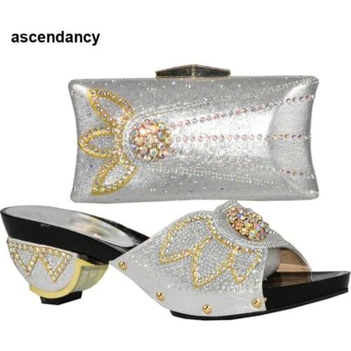 New Arrival Sliver Color Matching Women Shoes and Bag Set Decorated with Rhinestone Ladies Matching Shoe and Bag Set for Wedding