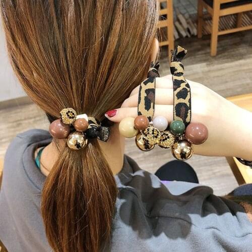 Fashion Leopard Print Elastic Hair Bands Tie Crystal Rhinestone Bead Ponytail Head Rope Korean Hair Accessories for Women Girls