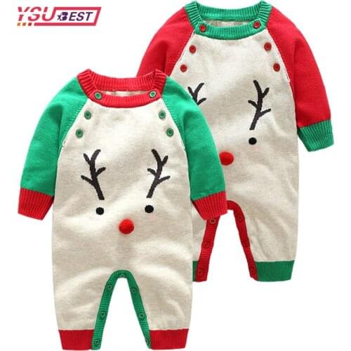 Christmas Winter Warm Knitted Baby Rompers Jumpsuits Cute Christmas Deer Knitted Newborn Boys Girls Outfits Set Autumn Clothes