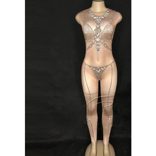 Sexy Crystals Jumpsuit Silver Rhinestones Nude Bodysuit Performance Female Birthday Celebrate One Piece Costume Wear DL3429