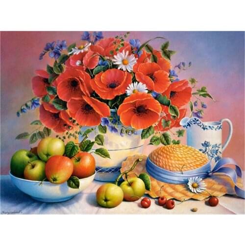 Fruit Flower Art Printed Fabric 11CT Cross Stitch Complete Kit DIY Embroidery DMC Threads Knitting Hobby Sewing Design