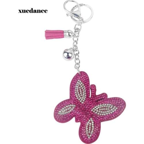 Trend Korean Velvet Rhinestone Butterfly Insect Keychain Pendant Tassel Bag Car Charm Flash Accessories
