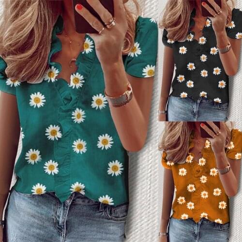 3xl Hot Sale Women Casual Short Sleeve Blouse Marguerite Print Ruffled Edge Loose T-shirt Top Pullovers Femme Fashion Clothings