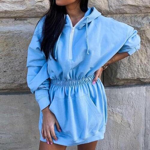 Women Sexy Long Sleeve Party Hoodie Dresses Autumn Winter Front Drawstring Sweatshirt Dresses Casual Long Sleeve Dress Vestidos