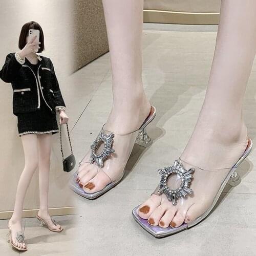 Women Slippers Summer High Heels Transparent Sandals Ladies Square Toe Female Fashion Plus Size Shoes Woman New Slides 2021